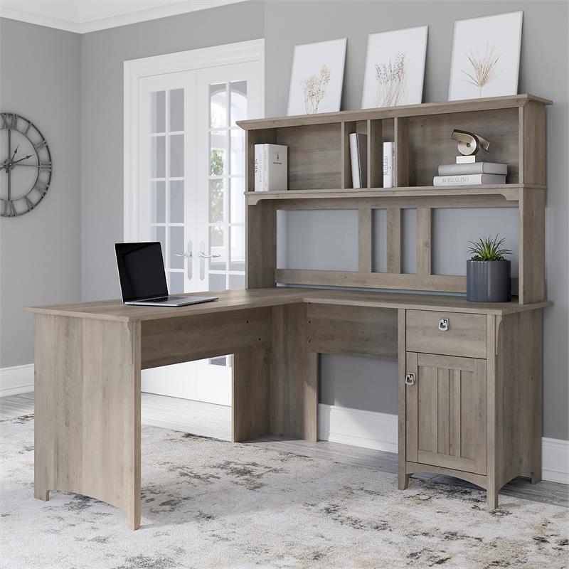 Pemberly Row 60W L Shaped Desk with Hutch in Driftwood Gray - Engineered Wood