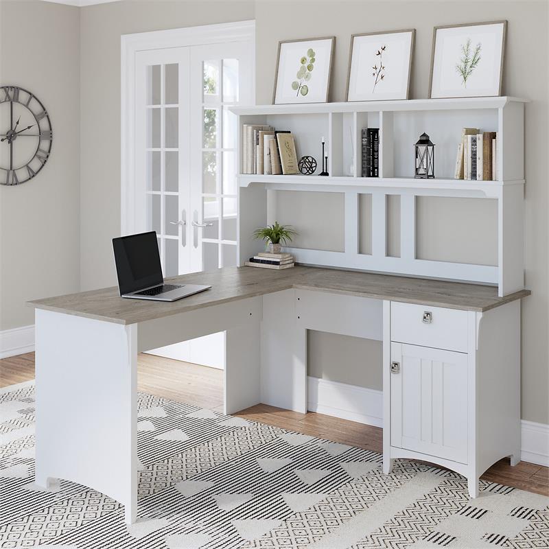 Pemberly Row Engineered Wood 60W L Shaped Desk with Hutch in White and Gray