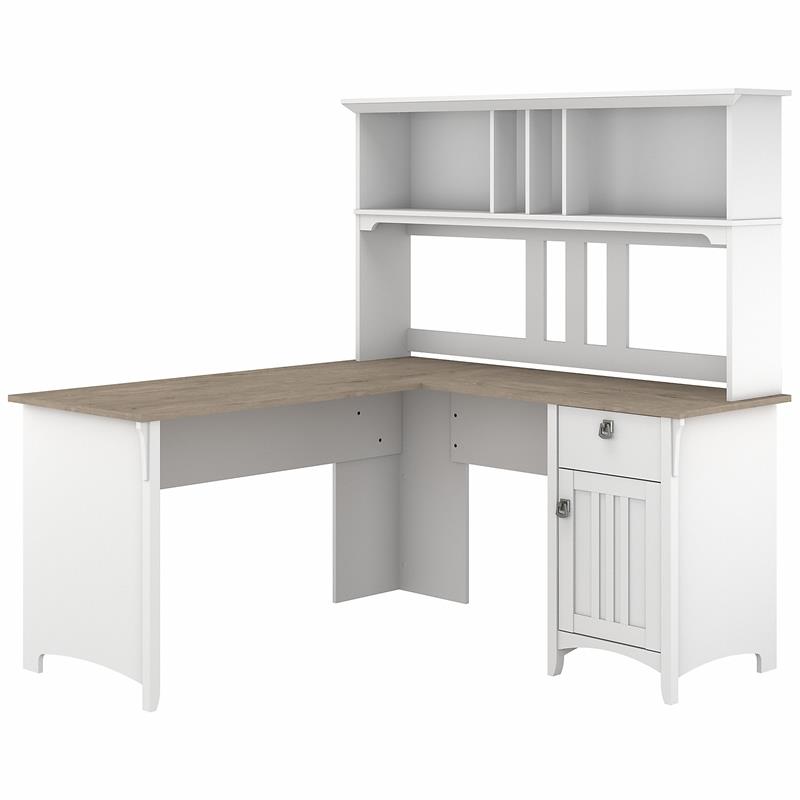 Pemberly Row Engineered Wood 60W L Shaped Desk with Hutch in White and Gray