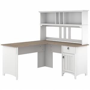 Pemberly Row Engineered Wood 60W L Shaped Desk with Hutch in White and Gray