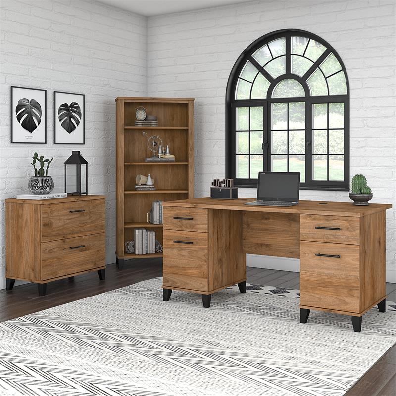 Pemberly Row Wood 60W Desk with File Cabinet & Bookcase in Fresh Walnut