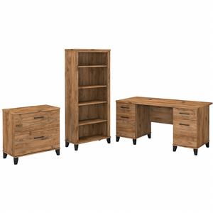 Pemberly Row Wood 60W Desk with File Cabinet & Bookcase in Fresh Walnut