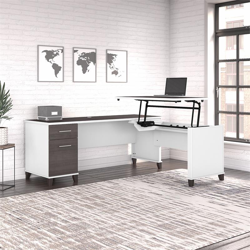 Pemberly Row Wood 3 Position Sit to Stand L Shaped Desk in White / Gray