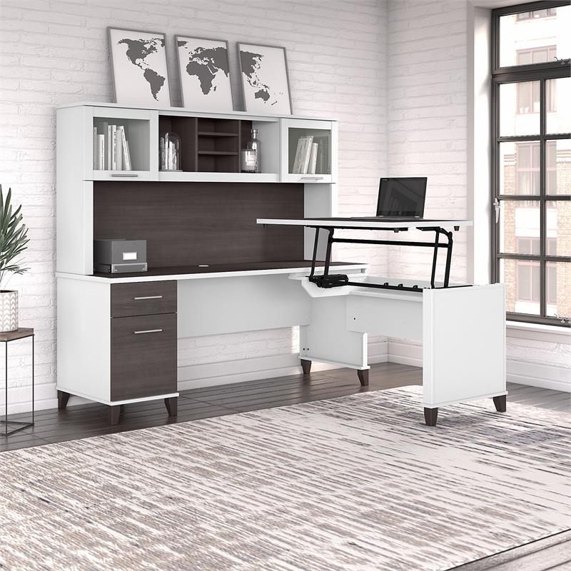 Pemberly Row Engineered Wood 72W Sit to Stand L Desk with Hutch in White / Gray