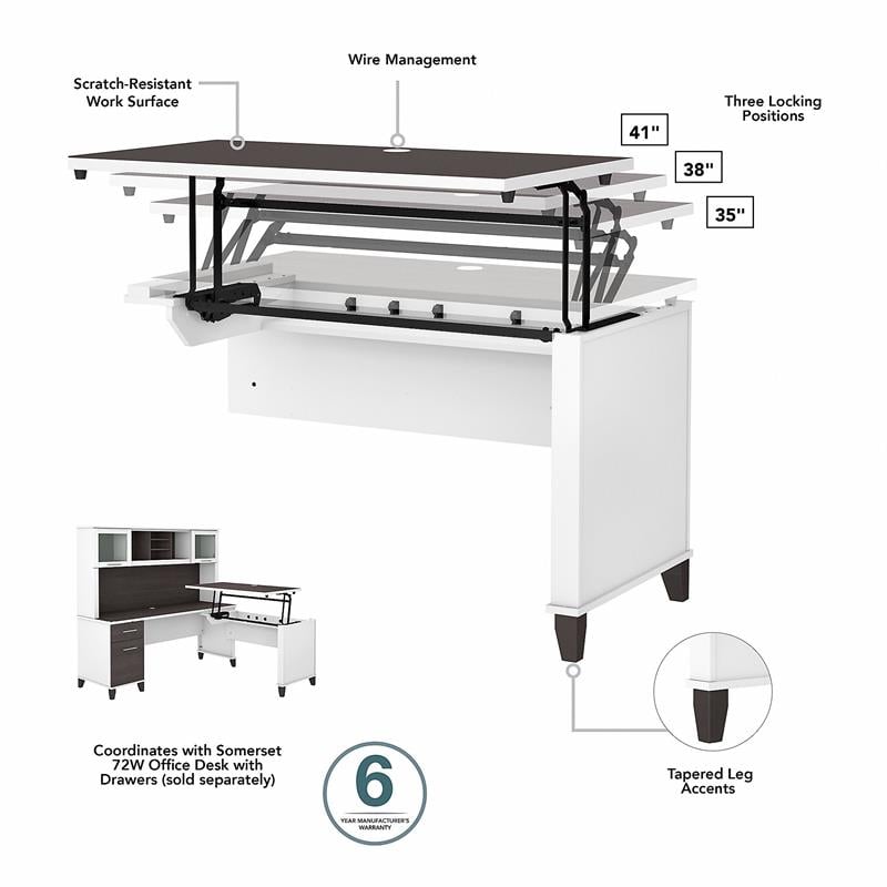 Pemberly Row Engineered Wood 72W Sit to Stand L Desk with Hutch in White / Gray