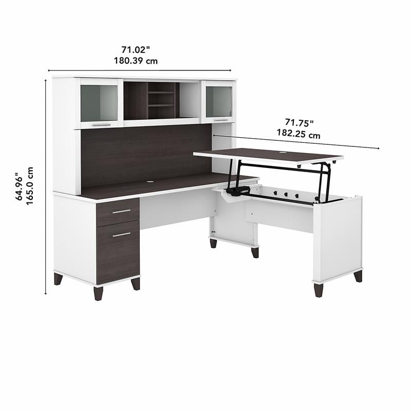 Pemberly Row Engineered Wood 72W Sit to Stand L Desk with Hutch in White / Gray