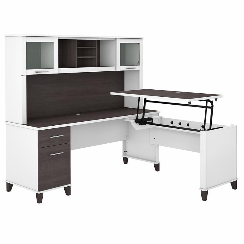 Pemberly Row Engineered Wood 72W Sit to Stand L Desk with Hutch in White / Gray