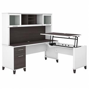 Pemberly Row Engineered Wood 72W Sit to Stand L Desk with Hutch in White / Gray