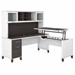 Pemberly Row Engineered Wood 72W Sit to Stand L Desk with Hutch in White / Gray