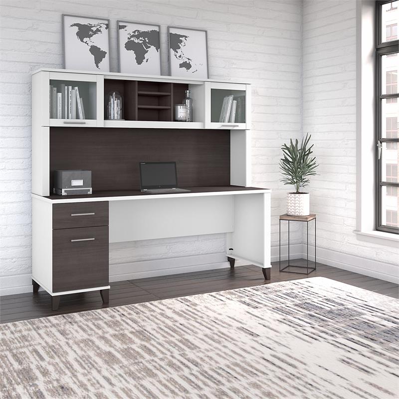 Pemberly Row 72W Desk with Drawers & Hutch in White and / Gray - Engineered Wood