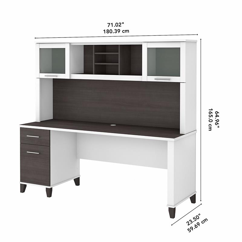 Pemberly Row 72W Desk with Drawers & Hutch in White and / Gray - Engineered Wood