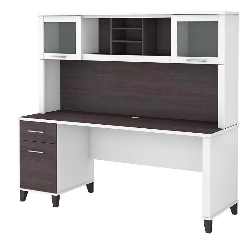 Pemberly Row 72W Desk with Drawers & Hutch in White and / Gray - Engineered Wood