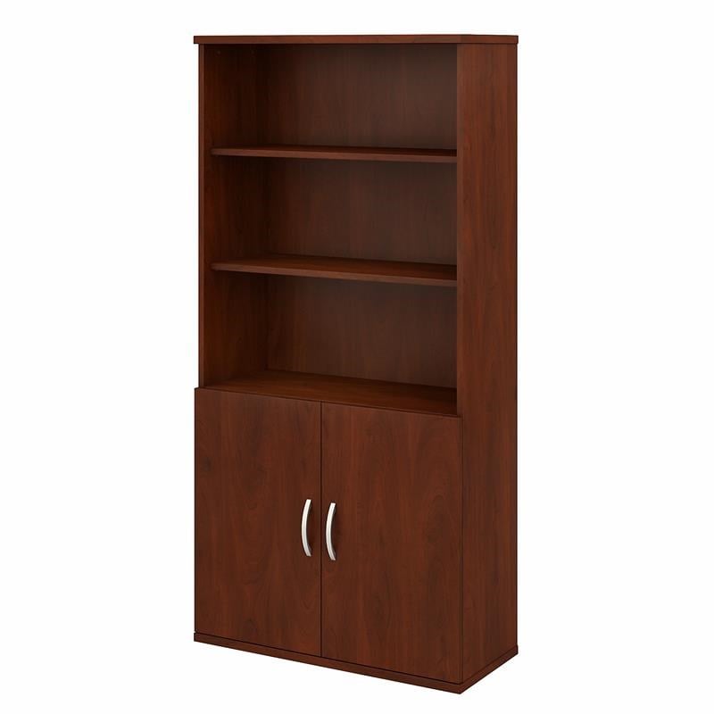 Pemberly Row 5 Shelf Bookcase with Doors in Hansen Cherry - Engineered Wood