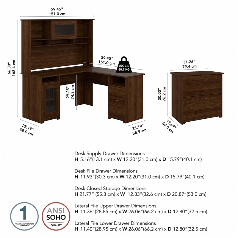 Pemberly Row L Desk with Hutch & File Cabinet in Modern Walnut - Engineered Wood