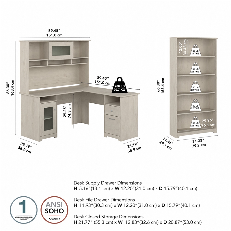 Pemberly Row L Shaped Desk with Hutch & Bookcase in Linen White Oak