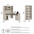 Pemberly Row L Shaped Desk with Hutch & Bookcase in Linen White Oak