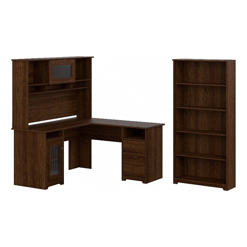 Pemberly Row L Shaped Desk with Hutch & Bookcase in Modern Walnut