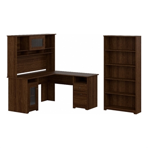 Pemberly Row L Shaped Desk with Hutch & Bookcase in Modern Walnut