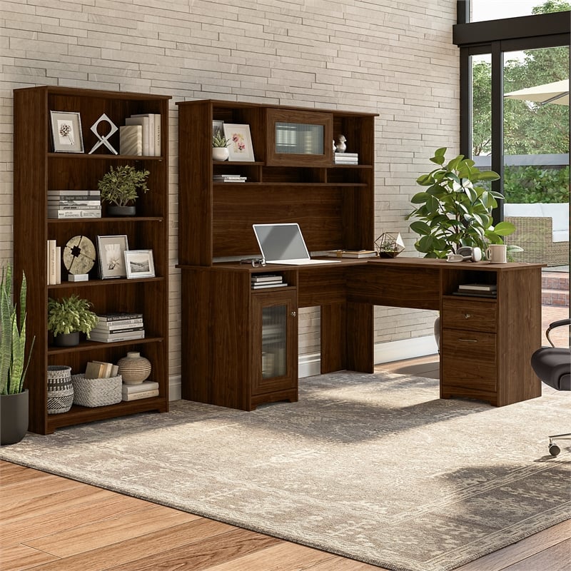 Pemberly Row L Shaped Desk with Hutch & Bookcase in Modern Walnut