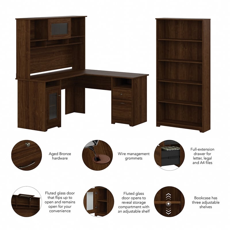 Pemberly Row L Shaped Desk with Hutch & Bookcase in Modern Walnut