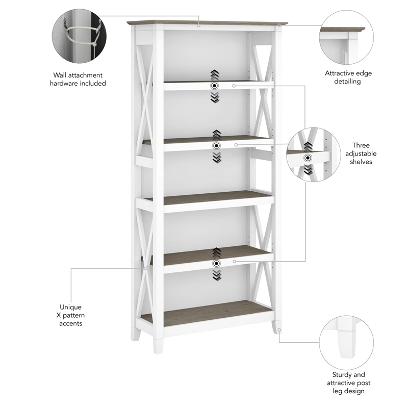 Pemberly Row Engineered Wood Tall 5 Shelf Bookcase in Pure White and Gray