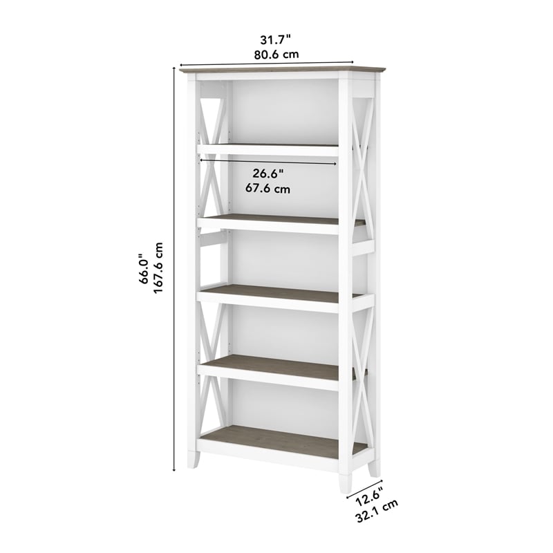 Pemberly Row Engineered Wood Tall 5 Shelf Bookcase in Pure White and Gray