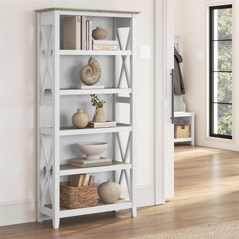 Pemberly Row Engineered Wood Tall 5 Shelf Bookcase in Pure White and Gray
