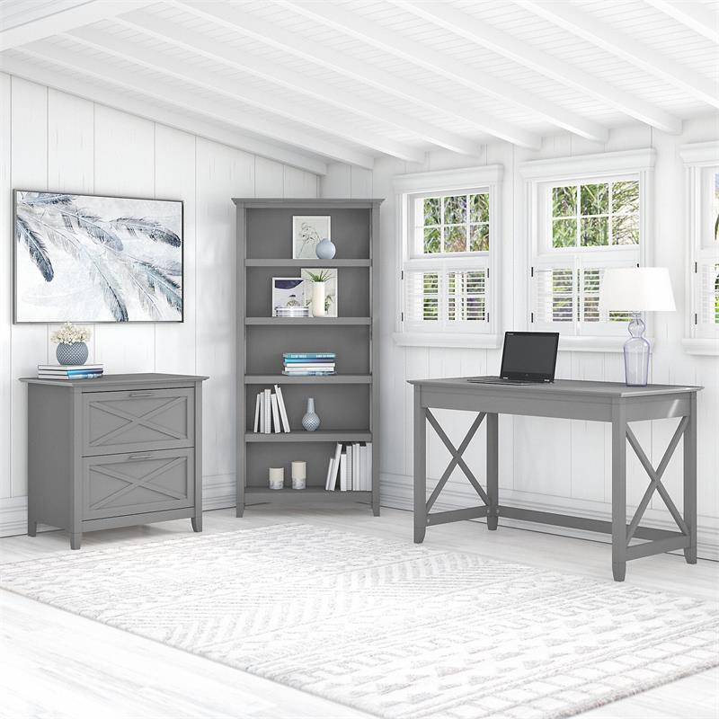 Pemberly Row Modern 48W Desk with File Cabinet & Bookcase in Gray