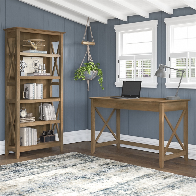 Pemberly Row 48W Desk with File Cabinet and Bookcase in Pine - Engineered Wood