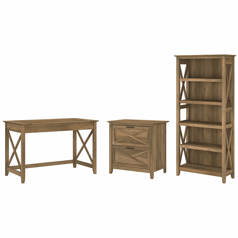 Pemberly Row 48W Desk with File Cabinet and Bookcase in Pine - Engineered Wood