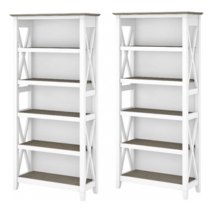 Pemberly Row Engineered Wood 5 Shelf Bookcase Set in Pure White and Shiplap Gray