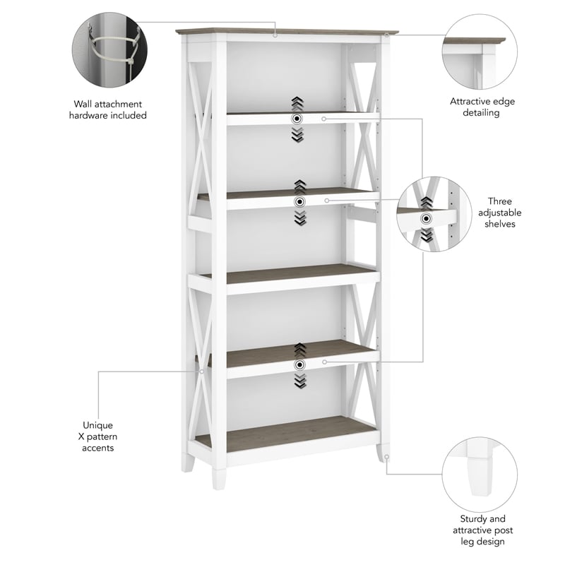 Pemberly Row Engineered Wood 5 Shelf Bookcase Set in Pure White and Shiplap Gray