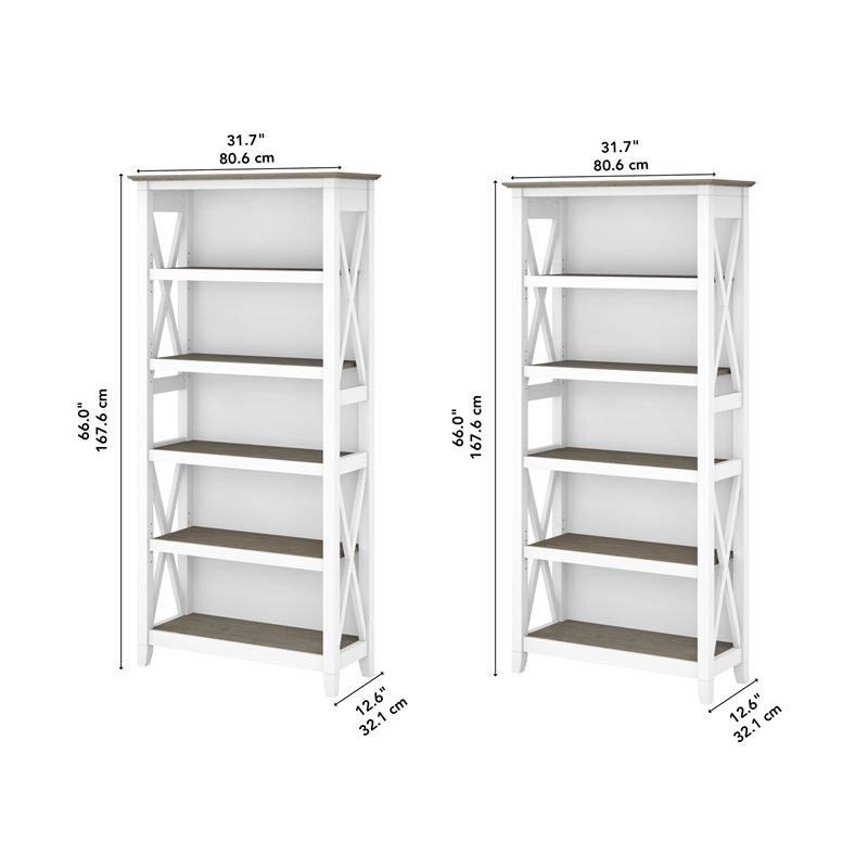 Pemberly Row Engineered Wood 5 Shelf Bookcase Set in Pure White and Shiplap Gray