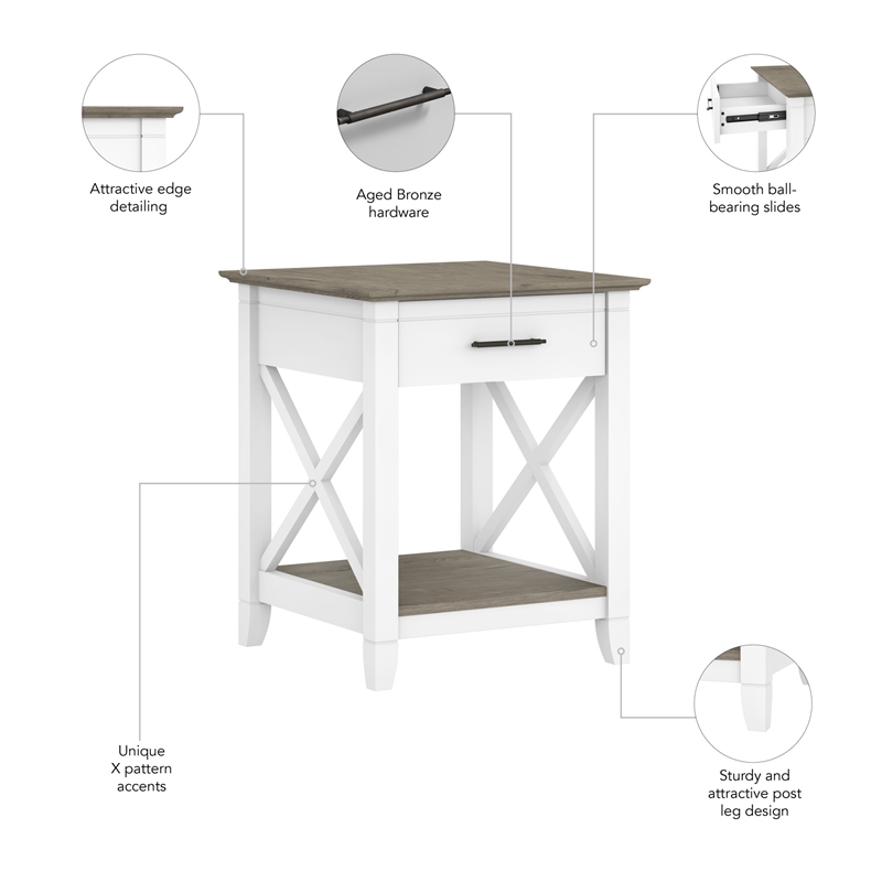Pemberly Row Wood End Table with Storage in Pure White and Shiplap Gray