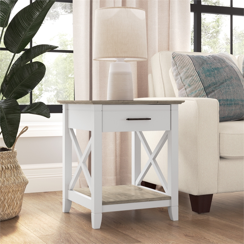 Pemberly Row Wood End Table with Storage in Pure White and Shiplap Gray