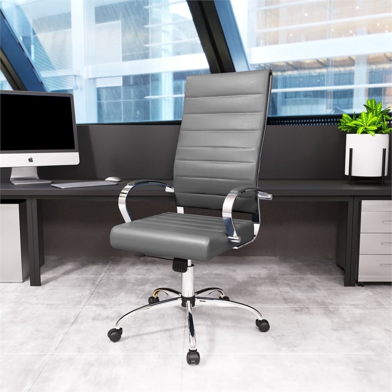 Pemberly Row High-Back Mid-Century Modern Leather Office Chair in Gray
