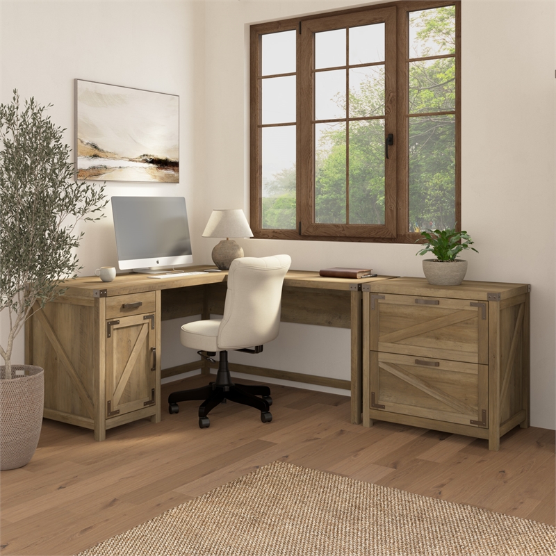 Pemberly Row 60W L Shaped Desk with File Cabinet in Reclaimed Pine