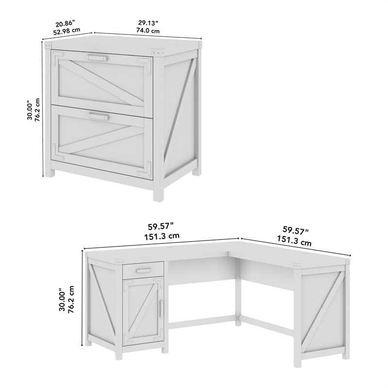 Pemberly Row 60W L Shaped Desk with File Cabinet in Reclaimed Pine