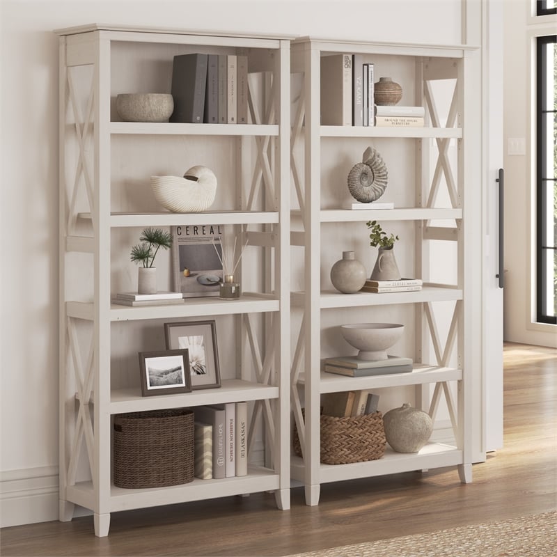Pemberly Row 5 Shelf Bookcase Set of 2 in Linen White Oak - Engineered Wood