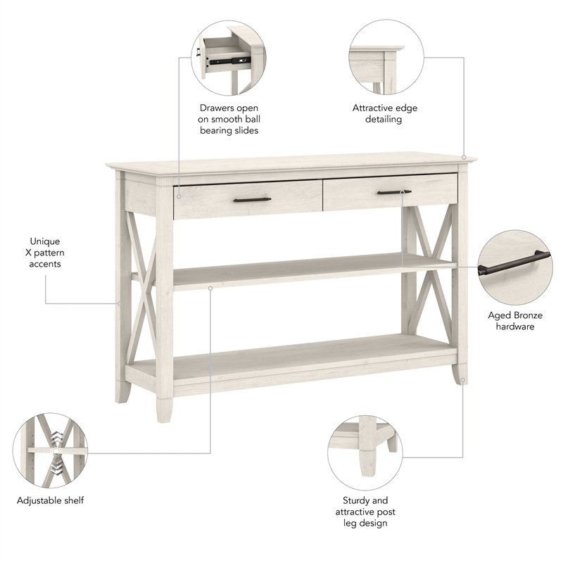 Pemberly Row Wood Console Table with Drawers and Shelves in Linen White