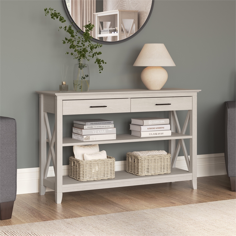 Pemberly Row Wood Console Table with Drawers and Shelves in Linen White