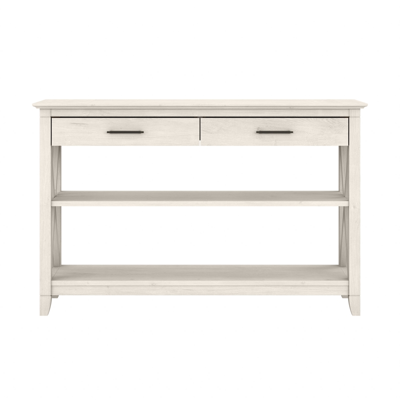 Pemberly Row Wood Console Table with Drawers and Shelves in Linen White