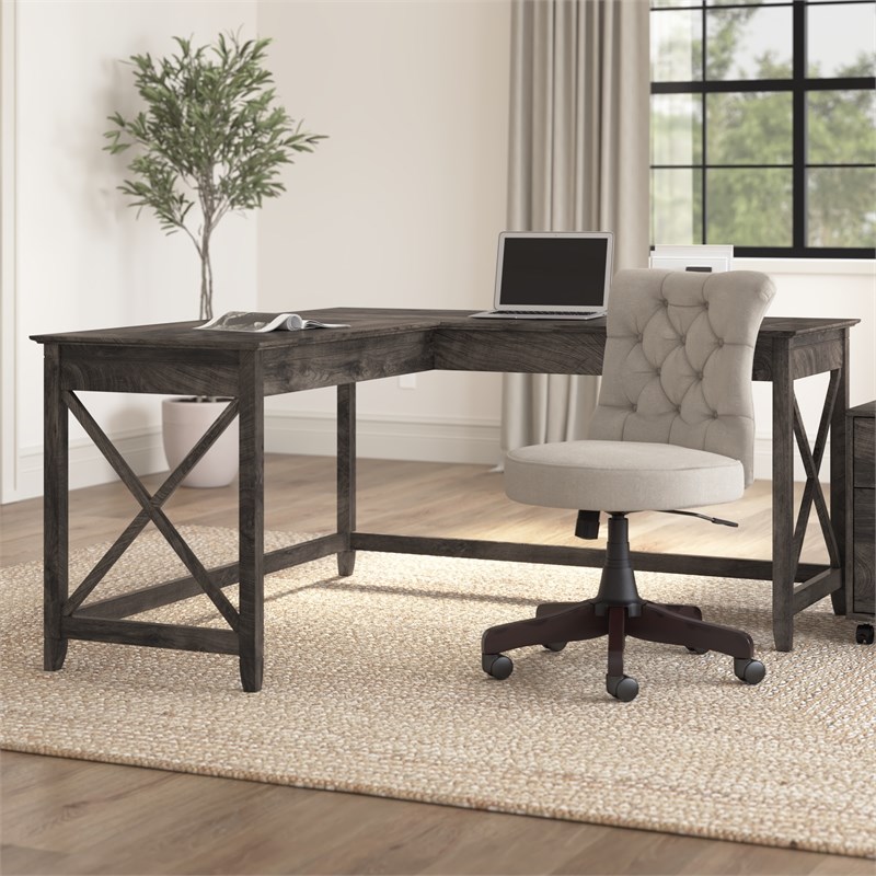 Pemberly Row 60W L Shaped Desk in Dark Gray Hickory - Engineered Wood