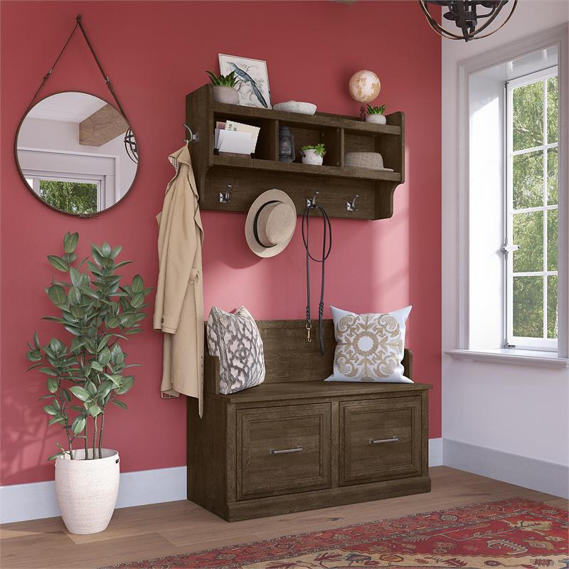 Pemberly Row Wood Entryway Bench with Doors and Wall Shelf in Ash Brown