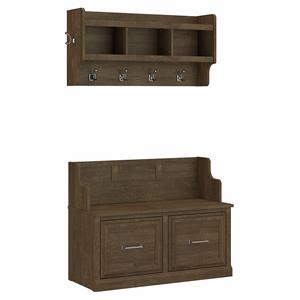 Pemberly Row Wood Entryway Bench with Doors and Wall Shelf in Ash Brown