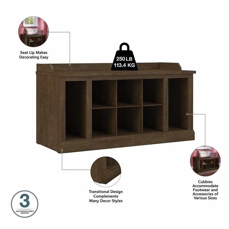 Pemberly Row 40W Shoe Storage Bench with Shelves in Ash Brown - Engineered Wood