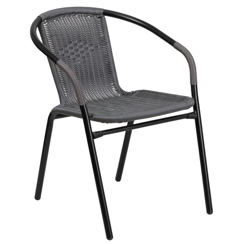 Pemberly Row Stackable Rattan Curved Back Dining Arm Chair in Gray (Set of 2)