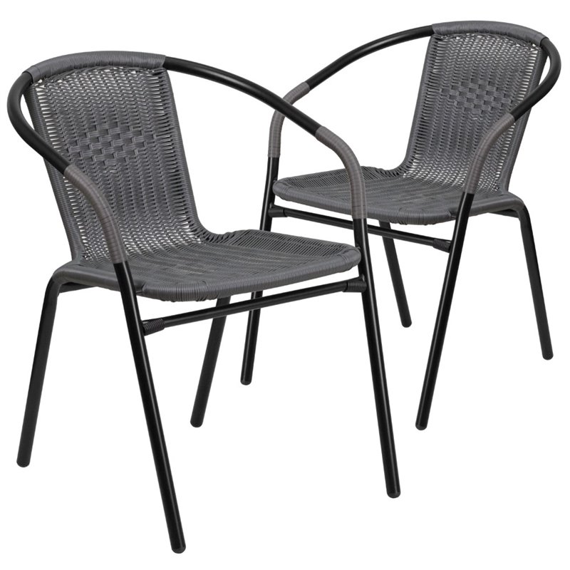 Pemberly Row Stackable Rattan Curved Back Dining Arm Chair in Gray (Set of 2)