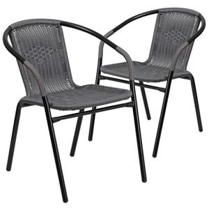 Pemberly Row Stackable Rattan Curved Back Dining Arm Chair in Gray (Set of 2)