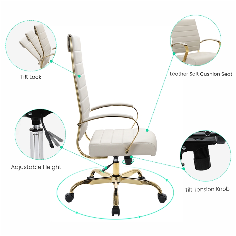 Pemberly Row High-Back Leather Office Chair With Gold Frame in Tan